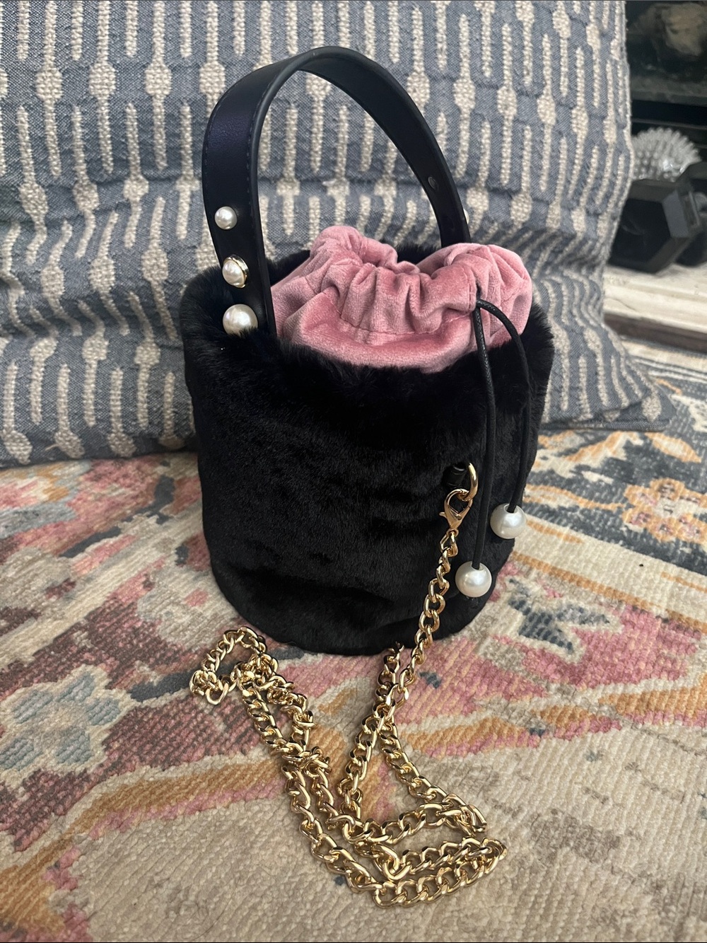 Kids Pink Velvet Drawstring Bag